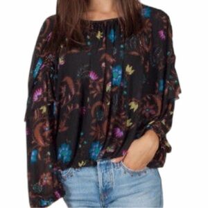 Free People Black Floral Boho Peasant Blouse